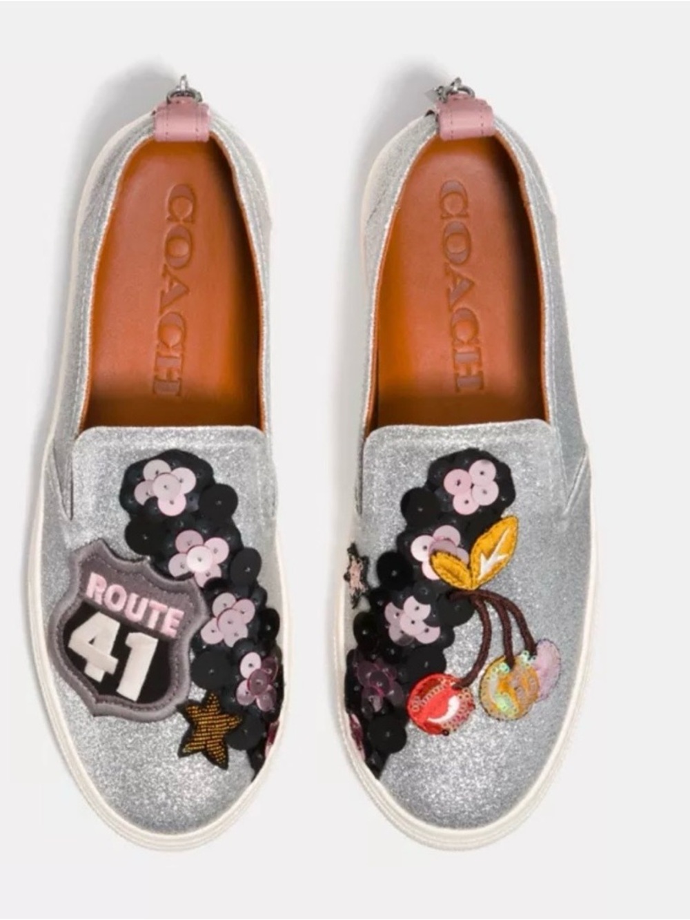Coach “Route 41” Cherry Collection Silver Glitter Slip-On Sneakers Women's 8.5